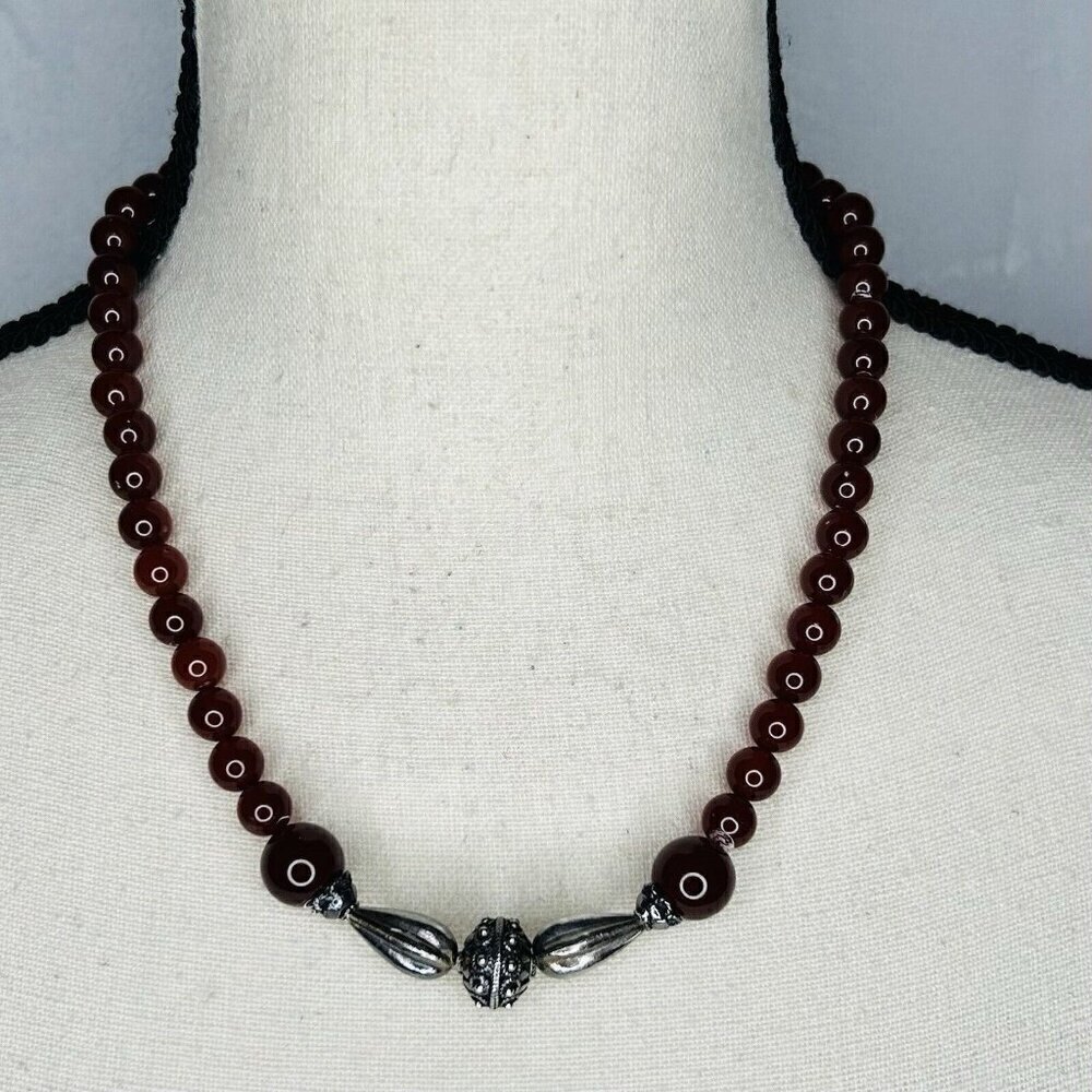 Vintage 925 Sterling Silver Red Carnelian Ball Bead Necklace 18"
